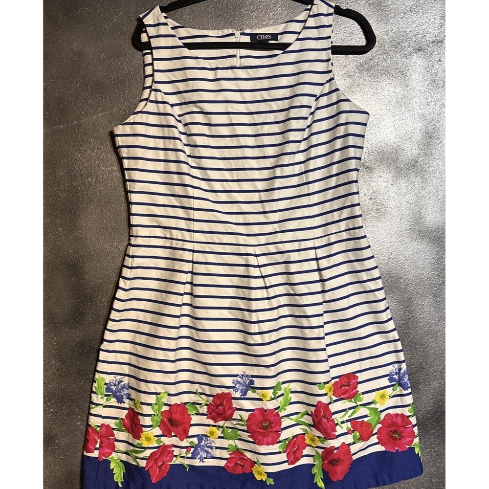 Chaps Sleeveless Dress 14 White Blue Stripes Floral Garden Party Cottagecore